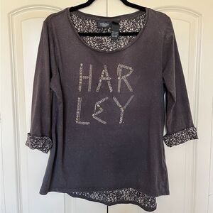 HARLEY DAVIDSON 3/4 Sleeve Scoop Neck Logo Top Purple/Black Women’s Size Large